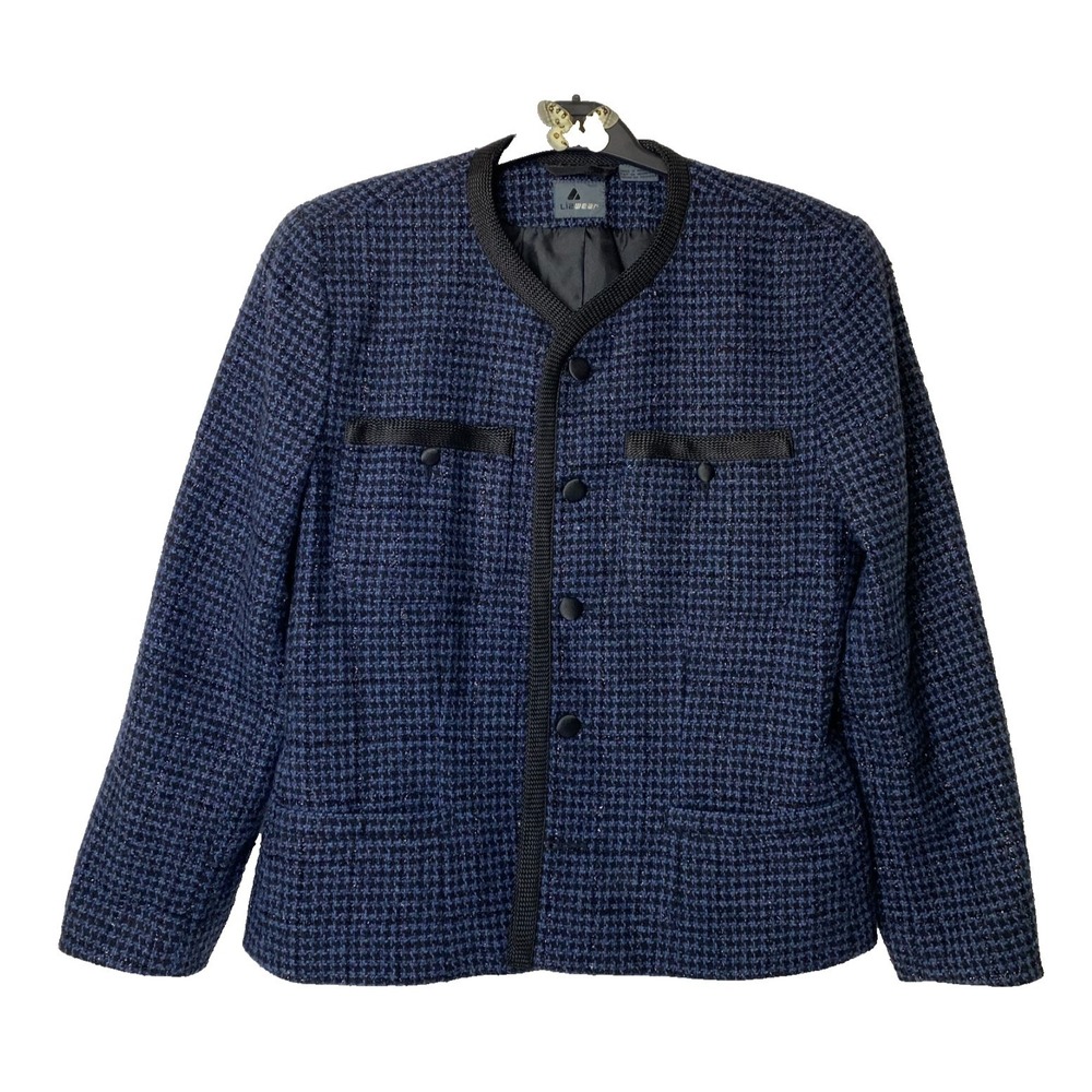 Vintage LizWear Houndstooth Blazer Blue Metallic Collarless WoolBlend Pockets 10